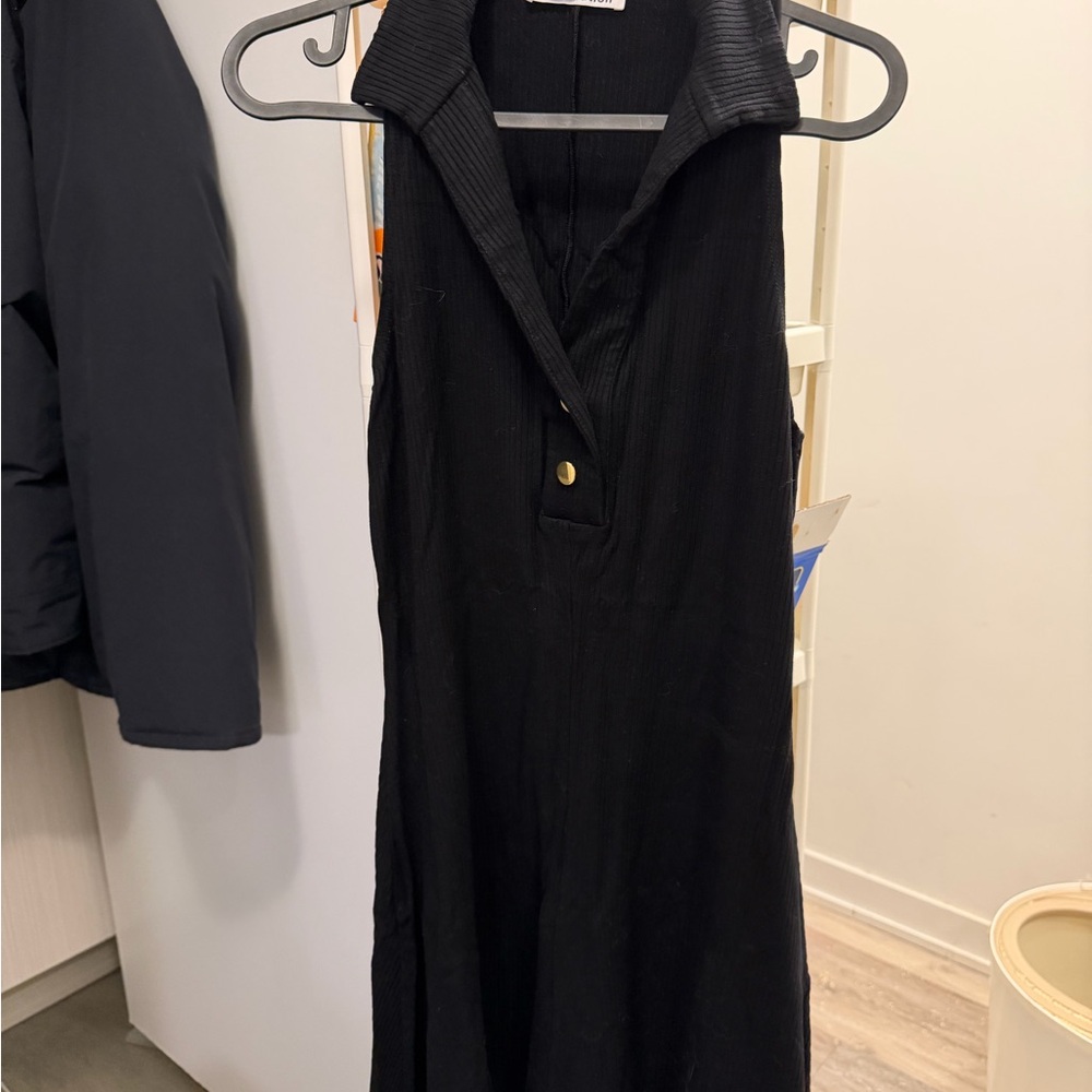 Reformation Black Ribbed Knit Dress with Polo Collar